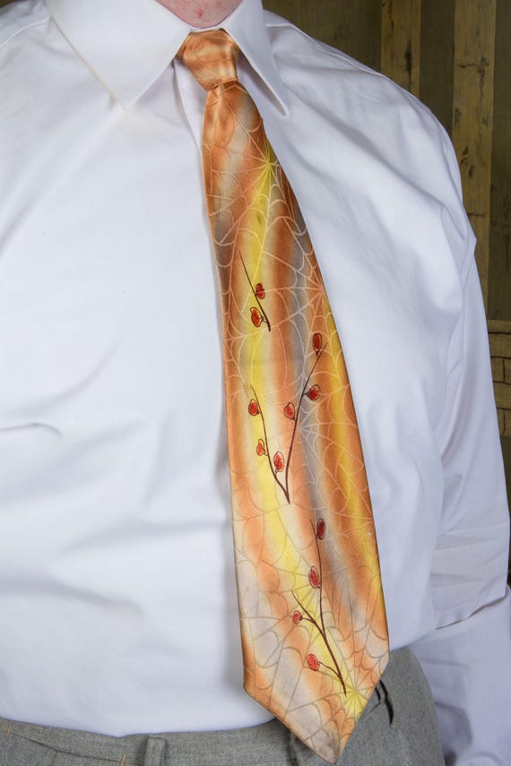 Vintage 1940s Killer Spiderweb Satin Brocade with Hand Painting and Airbust Rare Wide Novelty Print Necktie