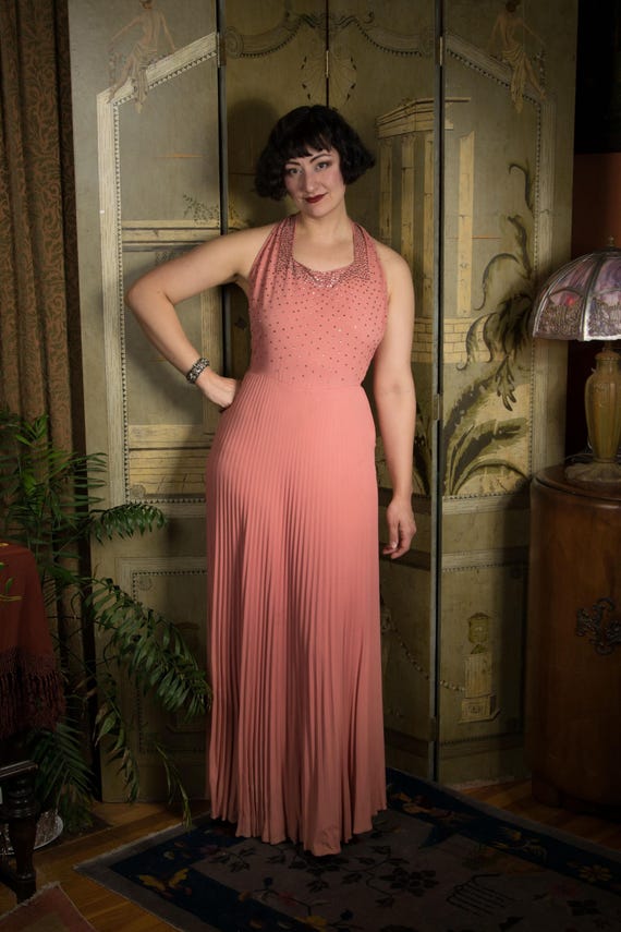 1930 Dress - Rare Salmon Pink Rayon Crepe 30s Halter Neck Evening Gown with Rhinestone Studded Bodice and Perma-Pleat Skirt for a Tall Babe