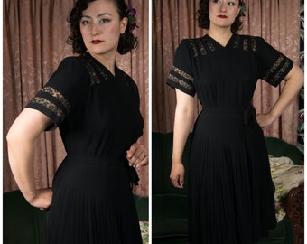 1940s Dress -  Vamp Vintage 40s Power Dress with Squared Shoulders, Nude Illusion Lace and Pleated Skirt