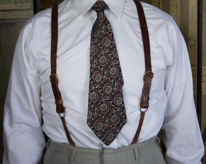 Vintage 1930s HICKOK Pressed Leather Faux Braid Pattern Equestrian Suspenders with Horseshoe Buckles and Elastic Loop Back