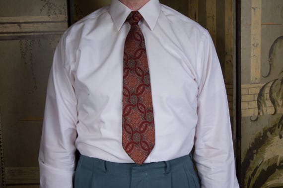 Vintage 1930s Striking Late 30s/Early 40s Brocade Tie in Brown with Rust, White and Dark Teal Green