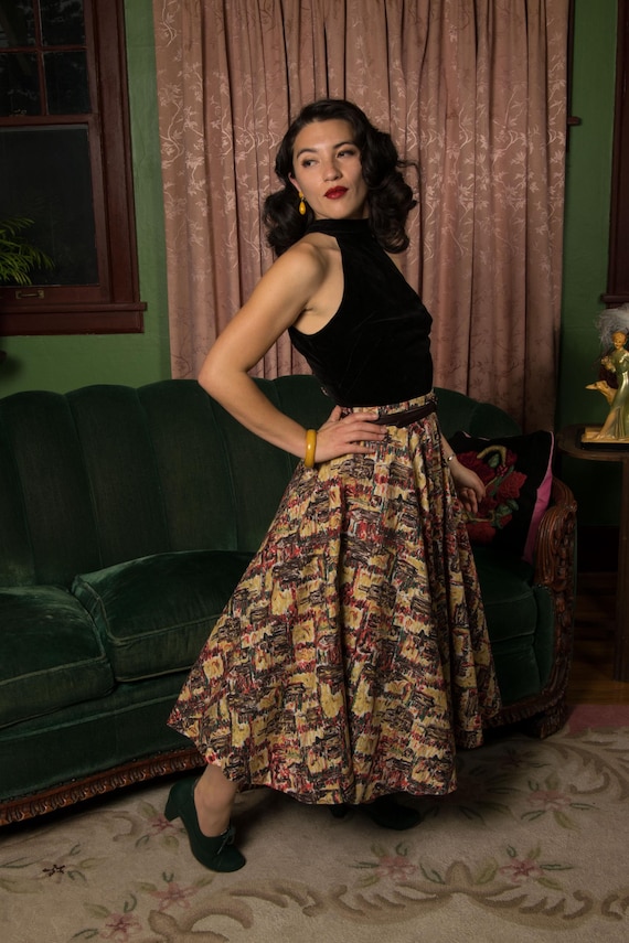 1950s Skirt - Lushly Autumnal Vintage 50s Cotton Circle Skirt in Painterly Abstract