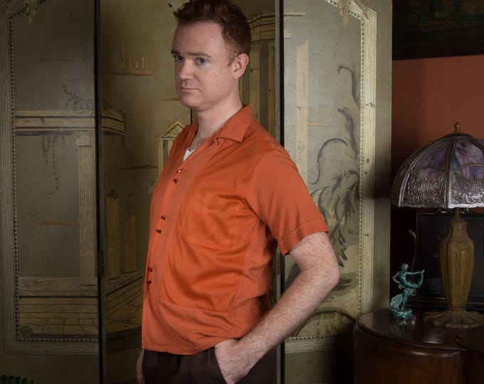 Vintage Late 1950s PALM SPRINGS Rockabilly Rayon Panel Short Sleeve Casual Shirt in Pumpkin Orange with Nylon Net Panels and Pocket