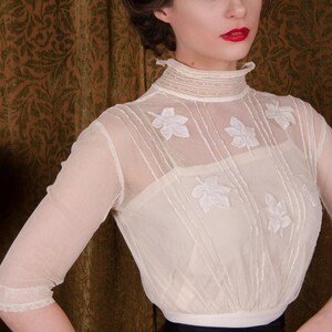 Edwardian Blouse Antique 1910s Titanic Era Ivory Cotton Net Bodice Blouse with Pintucks and Appliqued Leaves image 7