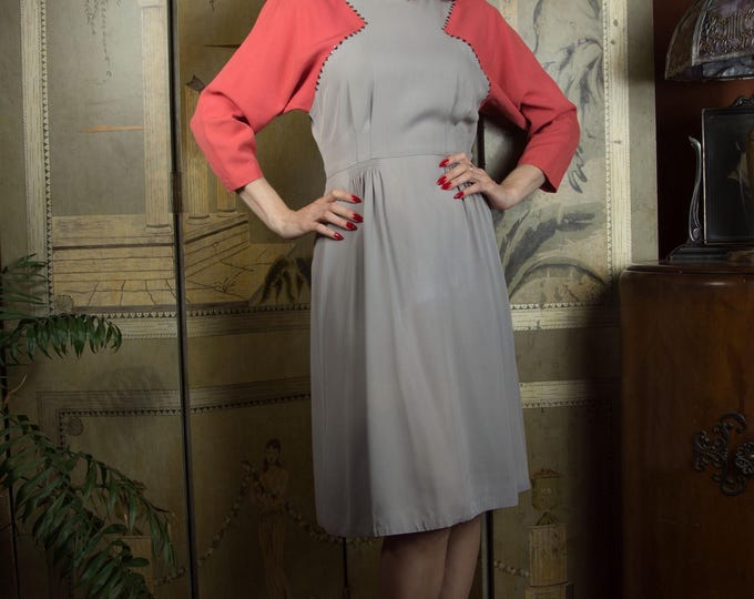1940s Dress - Killer Vintage 40s Coral and Grey Studded Colorblock Dress in Drapey Rayon Gabardine