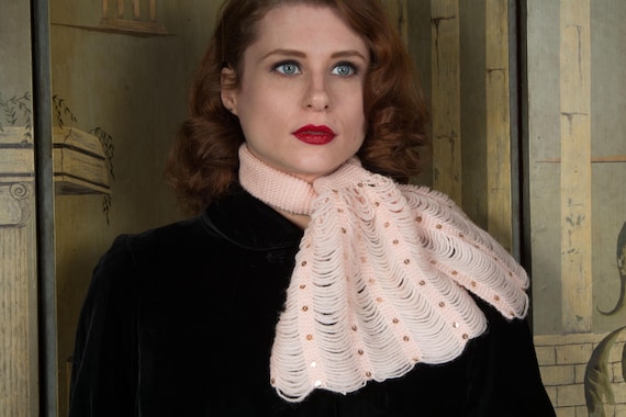 Darling Vintage 1950s Handmade Pink Knit Scalloped Jabot Scarf with Gold Sequins