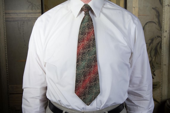 Vintage 1930s Brocade Tie in Lustrous Green with Red and Red Ombre with Paisley