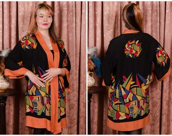 1920s Robe - Vibrant And RARE Art Deco 20s Kimono Inspired Decadently Printed High Deco Geometric in Lime, Red, Yellow, Blue, and Orange