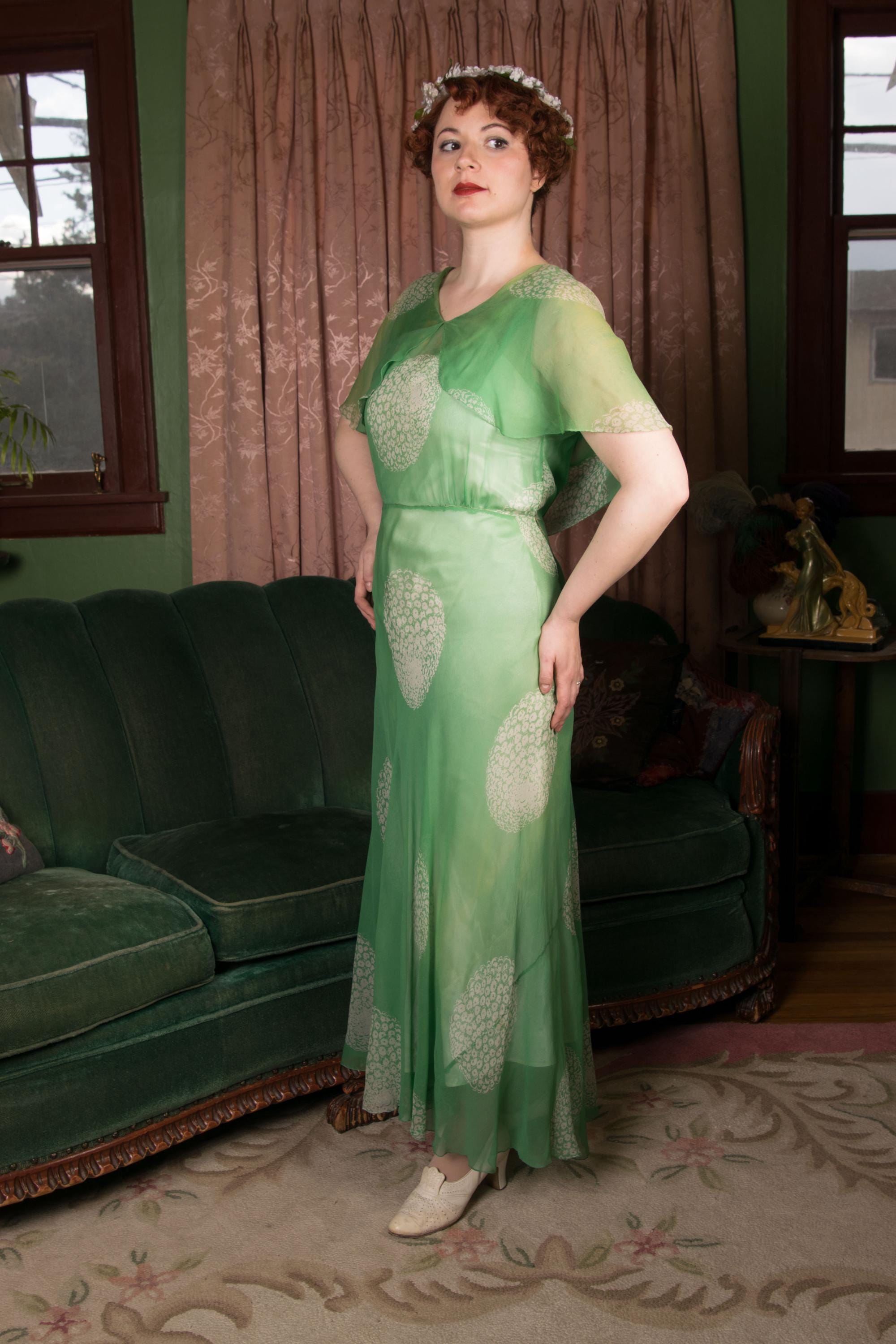 green 1930s dress 1930s Novelty Print Olive Green Chiffon Appliqué Dress main image 0