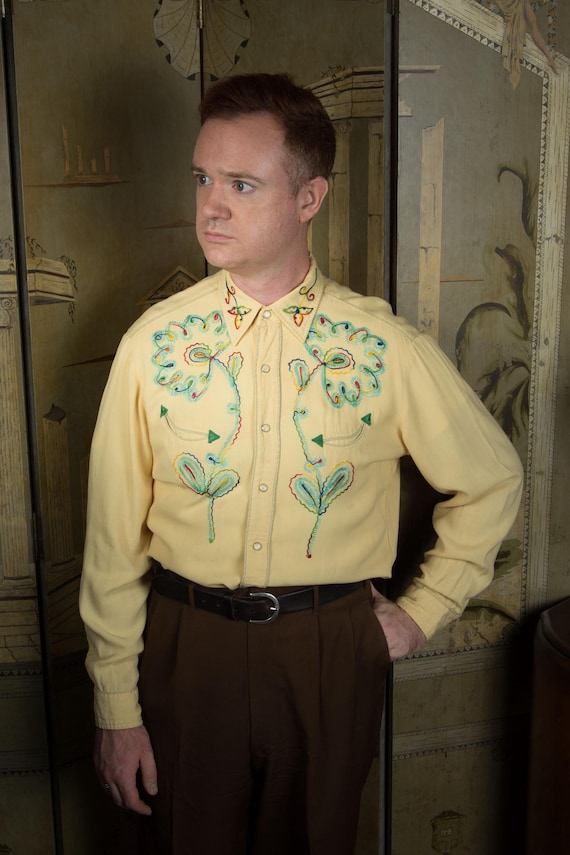 Vintage 1950s H Bar C Soft Rayon Gabardine Embroidered Western Wear Pearl Snap Shirt in Soft Yellow with Multicolored Embroidery
