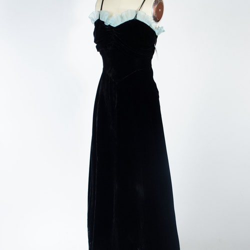 4 Day Backstock SALE - Size Small - 1940s Black Velvet Gown with shops Aqua Ruffles - Item #187