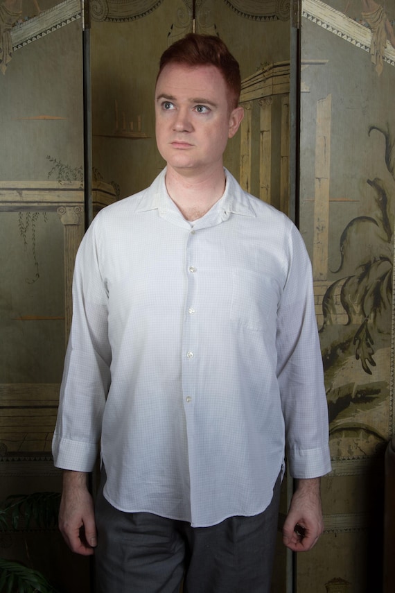 Vintage 1950s Penney's Towncraft Cotton Dress Shirt White with Light Grey Check