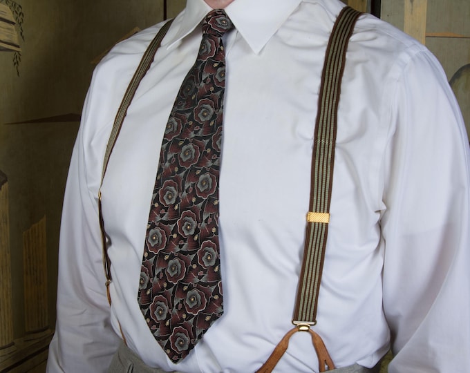 Vintage 1930s 40s HICKOK Green and Brown Elastic Adjustable X Back Suspenders with Leather Button Loops