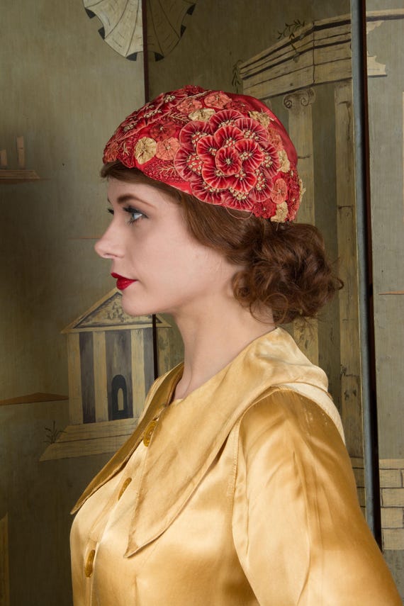 1920s Cloche - Wounded Bird Elegantly Embellished Tomato Red Silk Cloche with Velvet and Silk Grosgrain Rosettes
