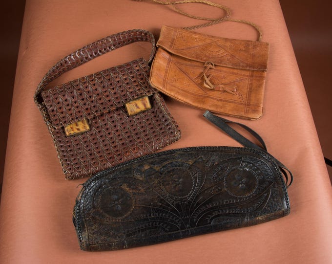 Lot #60 A Group of 3 Various Vintages 1940s 1950s Leatherwork Handbags Purses WOUNDED BIRDS SALE