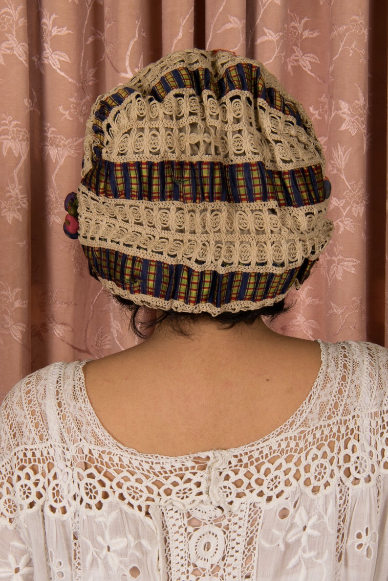 Antique Cap Gorgeous Antique Victorian Silk Cap in Tartan Plaid, Cordé Lace and Navy Silk with Silk Covered Berries Detail image 8