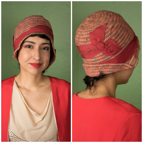 1920s Hat - Gorgeous Vintage 20s Woven Coral and Brown Horsehair Cloche with Coral Ribbon and Soutache