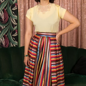 1950s Skirt Vintage 50s Lush Rainbow Striped Pleated Skirt with Wide Waistband image 2