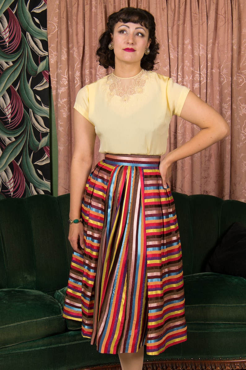 1950s Skirt Vintage 50s Lush Rainbow Striped Pleated Skirt with Wide Waistband image 2