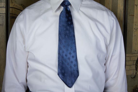 Vintage 1920s Brocade Tie in Blue Satin Jacquard with Diamond Pattern by Hollyvogue