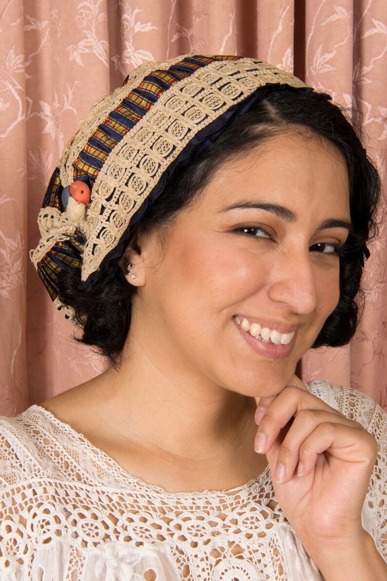 Antique Cap Gorgeous Antique Victorian Silk Cap in Tartan Plaid, Cordé Lace and Navy Silk with Silk Covered Berries Detail image 2