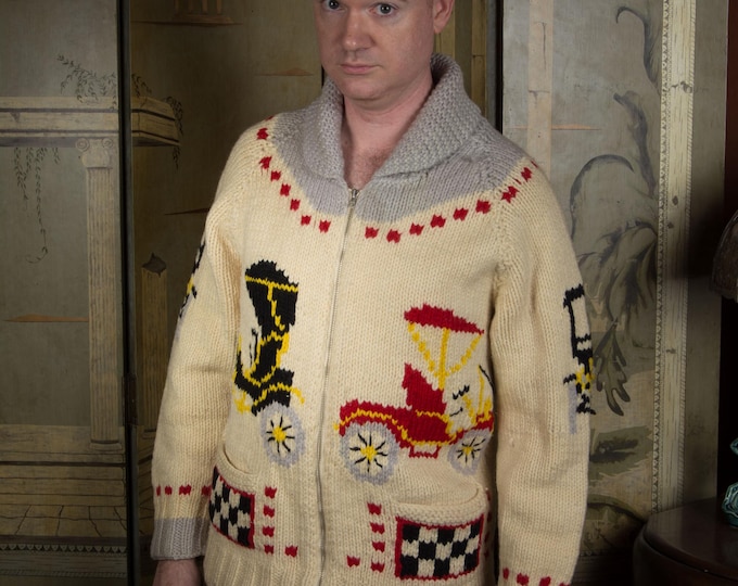 Vintage 1950s Mary Maxim Heavy Wool Knit Zip Front Cardigan with Novelty Automobile Print