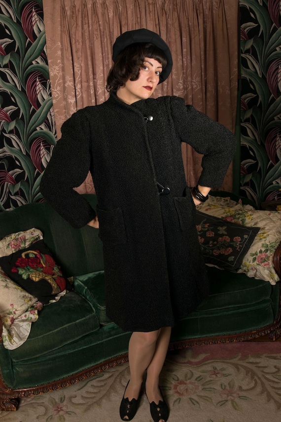 1930s Jacket - Textural Vintage Late 30s Full Sleeve Jacket in Faux Curly Lamb Wool Boucle