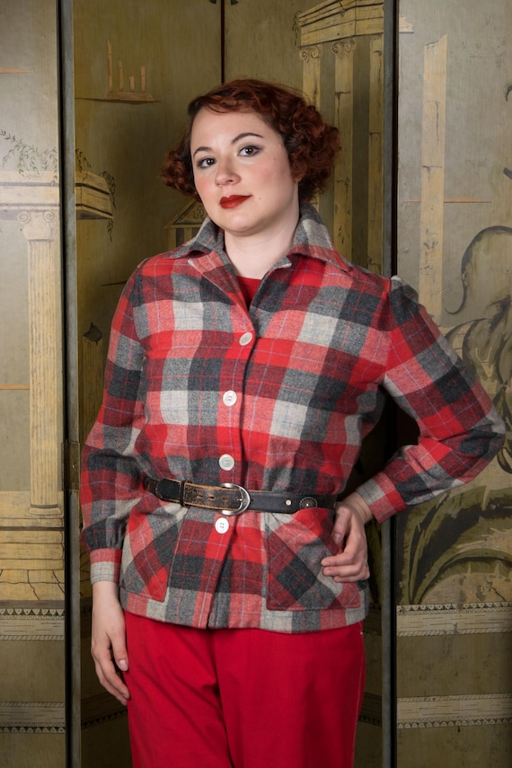 1950s Vintage 49er - Red and Grey Plaid Casual Wool Jacket
