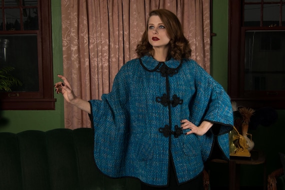 1960s Cape - Gorgeous 60s Woven Tweed Mohair Cape with Black Trim and Bold Frog Closures