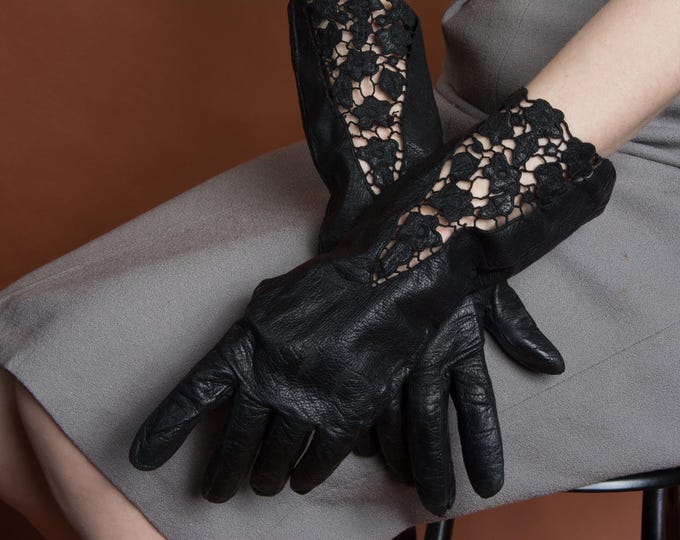 1910s Gloves - Black Leather Evening Gloves with Floral Lace Cutaways