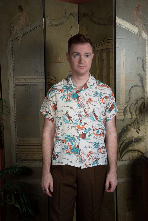 Vintage 1940s 1950s Authentic FLORIDA Themed Cold Rayon Aloha Style Novelty Print Tourist Shirt with Loop Collar