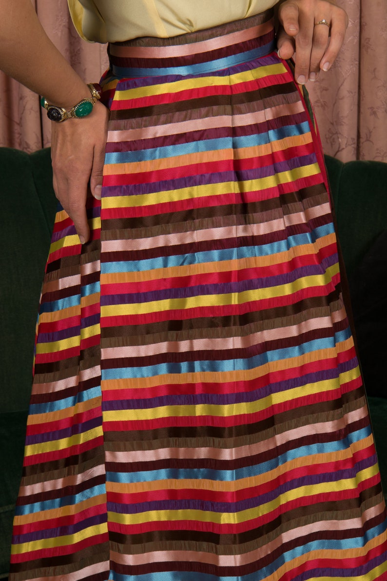 1950s Skirt Vintage 50s Lush Rainbow Striped Pleated Skirt with Wide Waistband image 9