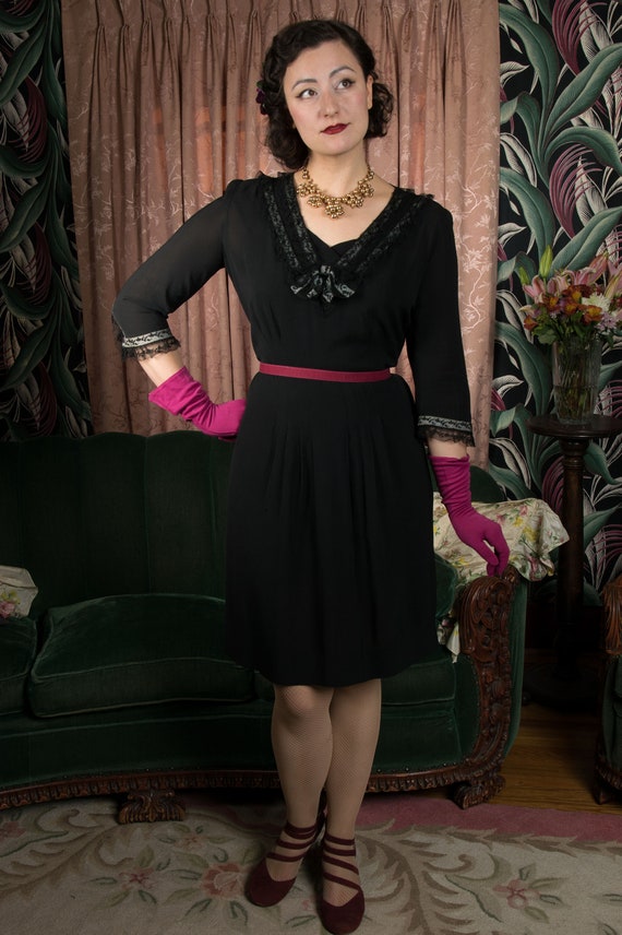 1940s Dress -  Darling Vintage 40s New York Creations Black Rayon Dress with Lace