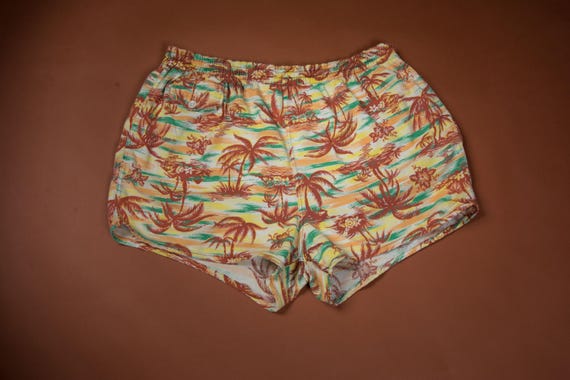 Vintage 1940s 1950s Bright Cotton Swim Trunks with Hawaiian Palm Trees Print