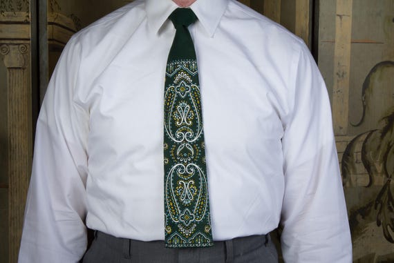 Vintage 1960s DEADSTOCK with Tag Suede Necktie in Green with Screen Printing by Ante NOS