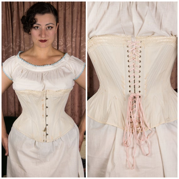 1890s Corset - RARE Authentic Antique Corset c. 1890s to early 1900s in Sturdy Cotton Marked Size 32