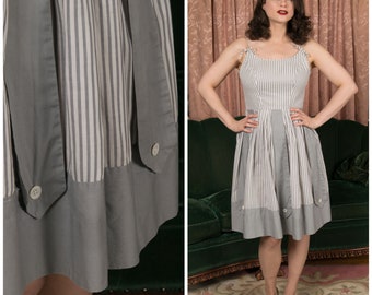 1950s Sun Dress - Grey and White Mattress Stripe Summer Sun Dress with Grey Cotton Contrast Hem and Accents