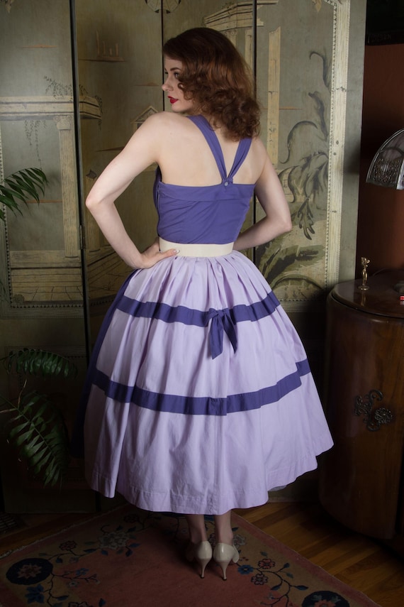 1950s Sundress - Crisp Cotton Vintage 50s Purple Colorblock Full Skirt Summer Sun Dress by MINX MODES