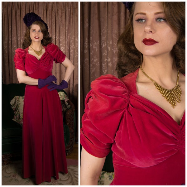 1930s Dress - Exquisite Vintage Late 30s in Bold Velveteen Evening Dress with Peaked Sleeves and Sweetheart Neckline