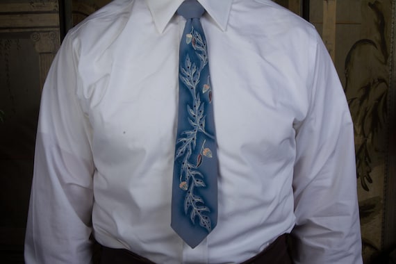 Vintage 1950s Hand Painted Necktie Tie in Cornflower Blue with Winter Branches and Acorns by Fashion Craft