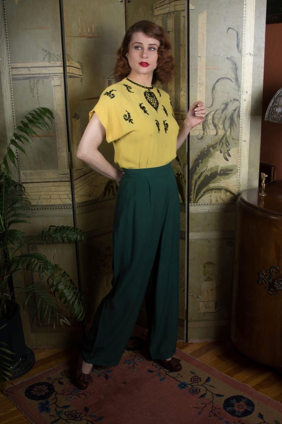 1940s Vintage Pants Fantastic 40s High Waist Wide Leg Slacks in Tabby Weave Rayon Brown Rare Size Large