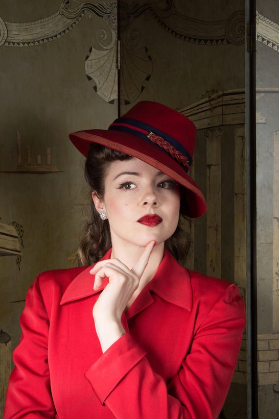 1940s Hat - Smart Face Framing Wide Brim Cherry Red Wool Felt 40s Fedora with Navy and Faux Leather Trim