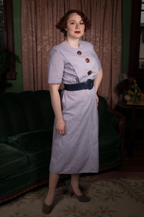 1940s Dress -  Richly Colored Sheer Rayon 40s Day Dress with Shirred Hips Striped in Olive Green, Coral, Butter Yellow & Blue