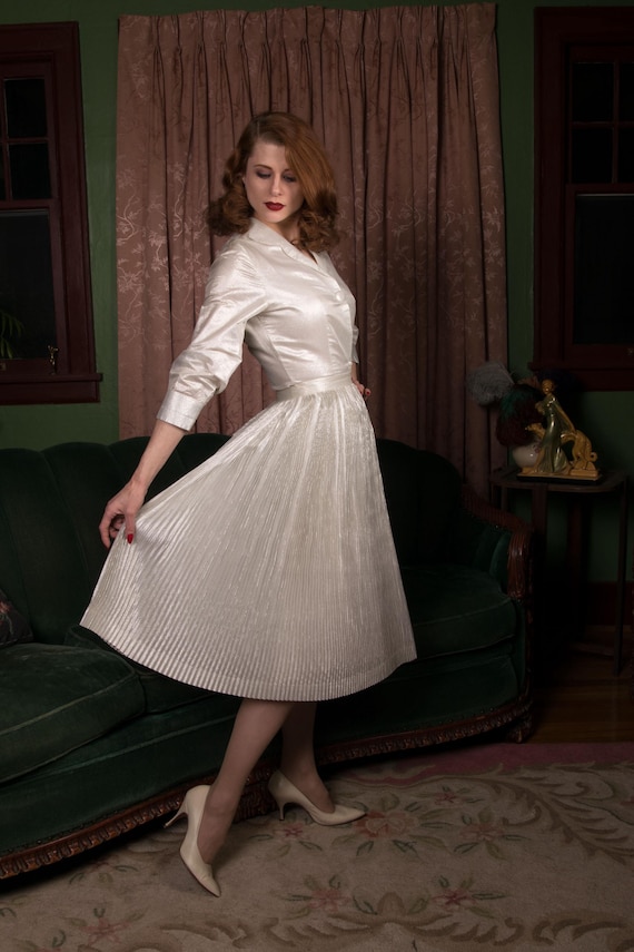 1950s Lamé Set - Killer Vintage 50s Crystal Pleated Metallic Silver Skirt Set with Three Quarter Sleeve Blouse