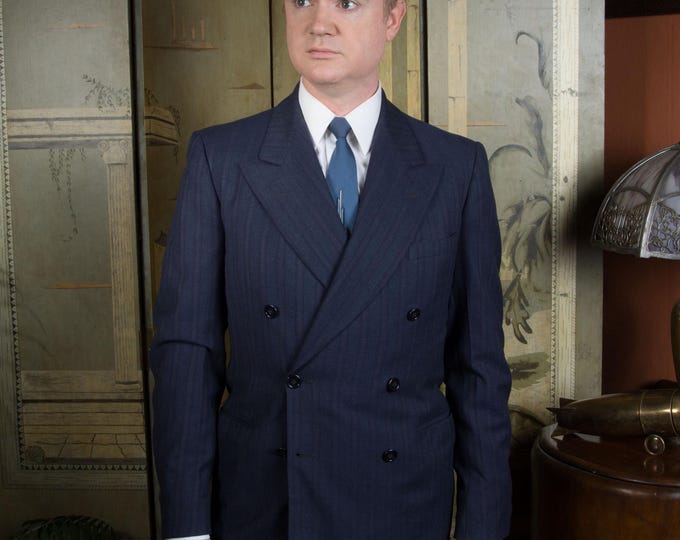 Vintage Late 1930s 1940s Bench Made Purple Striped Blue Suit Jacket Sportcoat Blazer Size 38 39