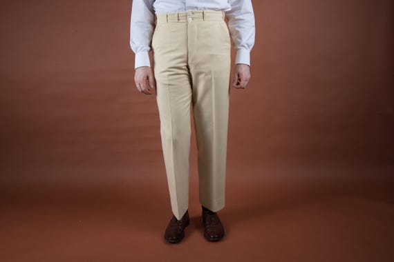 Vintage 1920s 1930s Ivory Wool Flannel Trousers with Flat Front and Button Fly