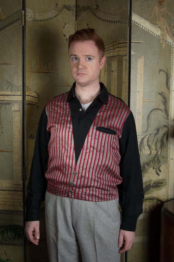 Vintage 1950s BUD BERMA Rockabilly Rayon and Metallic Panel Shirt Jac Gaucho Pullover Shirt in Black, Silver and Red with Adjustable Waist