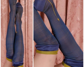 1910s Stockings - Rare Vintage 1910s to early 20s Blue and Chartruese Fully Fashioned Silk Stockings with Accent Arrows