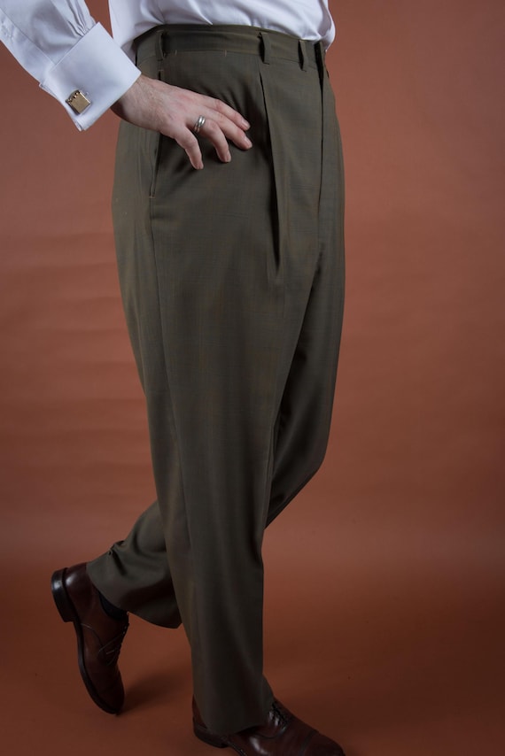 Vintage 1960s Olive Silk and Wool Pants with Single Pleats, Dropped Loops