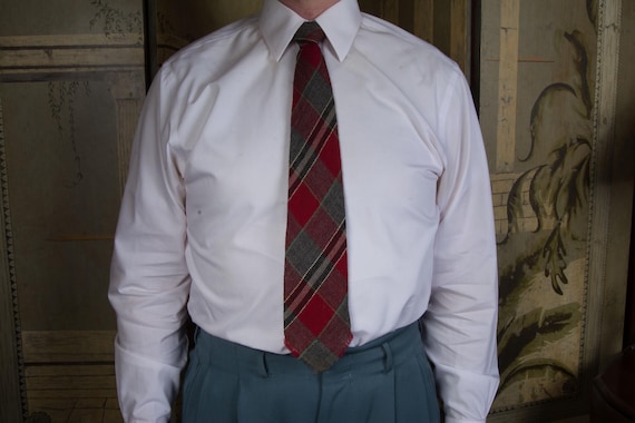 Vintage 1940s Hand Woven Wool Tewa Weavers Red and Grey Plaid with White and Seafoam Green